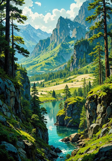 Lush forest expanse; rugged desert dunes; crystalline mountain peaks; serene coastal cliffs; valley vistas; sweeping aerial views; intimate close-ups capturing delicate textures; natural eye-level perspectives; dramatic low-angle tracking shots; intricate natural textures, soft sunlit shadows, and atmospheric haze; vibrant gradients of emerald, ochre, and azure; 8k clarity, masterpiece quality, hyper-detailed scenery; dynamic spatial composition; pristine water reflections; wild, untouched beauty; harmonious interplay of light and shadow; exquisite natural ambience, captivating natural allure. <lora:Sinfully_Stylish_1.0_Flux:0.2> <lora:Classic_Anime_Colors:0.7> <lora:CPA:0.4> <lora:RM_Artistify_v1.0M:0.5> <lora:Memadukan_Brush_Strokes_of_Fineart:0.3> <lora:flux_dev:1>