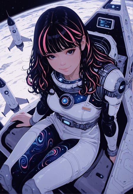 masterpiece, best quality, good quality, very aesthetic, absurdres, newest, 8K, depth of field, focused subject, realistic, from front, from above, 1girl, sci-fi, sitting atop space rocket, white space rocket, smile, sexy space suit, swirl, neon hair, long hair, dynamic angle, 
,in the style of cksc,
 <lora:ck-shadow-circuit-IL:1>