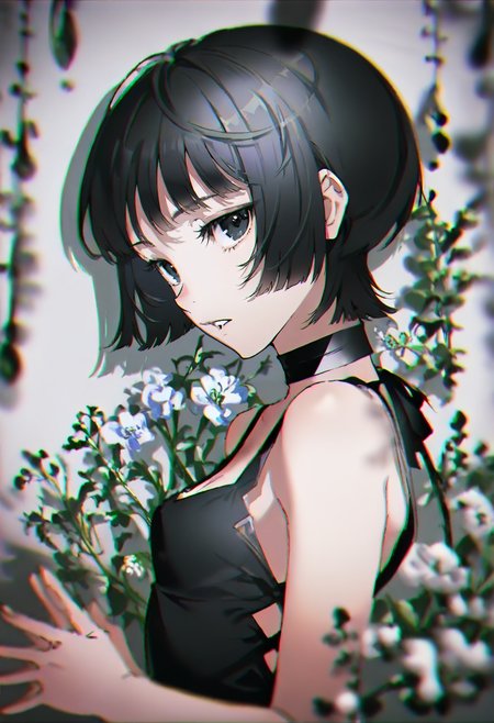 <lora:yoneyamaiXL_il_lokr_V53P1:0.95> 1girl, solo, black hair, short hair, flower, black eyes, upper body, chromatic aberration, looking at viewer, blurry, from side, breasts, sleeveless, choker, parted lips, bangs, bare shoulders, dress, own hands together, small breasts, black dress, depth of field, blurry foreground