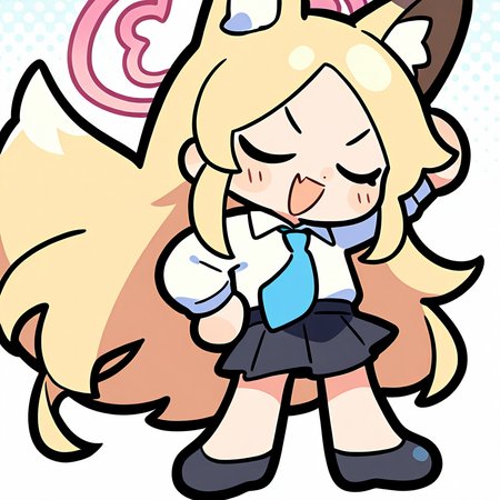 1girl, 
solo, simple background, white background, chibi, full body, pose, shoes, fox tail, standing, :d, pleated skirt, black skirt, sidelocks, white shirt, open mouth, smile, animal ears, long hair, halo, tail, very long hair, closed eyes, blonde hair, shirt, hand on own hip, miniskirt, v-shaped eyebrows, blue necktie, long sleeves, skirt, arm up, blush stickers, skin fang, fang, black footwear, necktie, animal ear fluff, pink halo, fox girl, school uniform,
masterpiece, best quality, very aesthetic, newest, absurdres, incredibly absurdres
 <lora:luodedaonoob-000006:1>