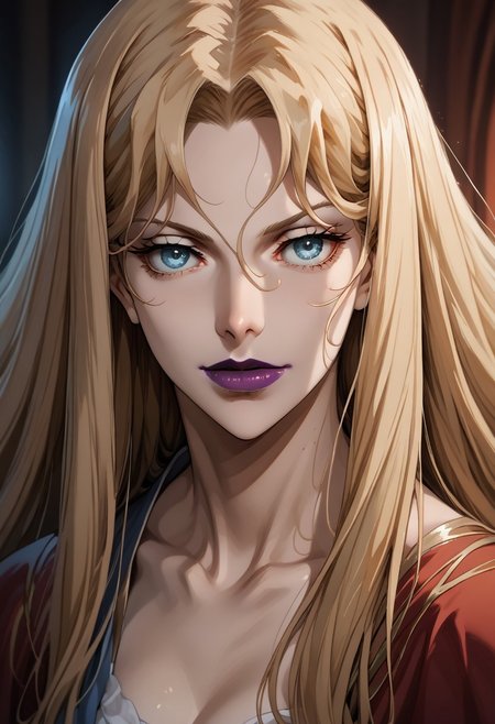 source_anime, ((score_9)),score_8_up,score_7_up,score_6_up,score_5_up,score_4_up,<lora:Castlevania_Style_Pony-v1:0.7>, Castlevania_Style, Castlevania Style, 1woman, brita_(darker_than_black), long_hair, blonde_hair, blue eyes, purple_lips, vampire,