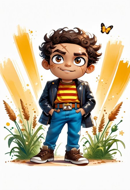 DarirStyle
score_9, score_8_up, score_7_up, 1boy, solo, male focus, Manny_Rivera, Brown Eyes, brown Hair, Dark Skin, Scar on Eye, freckles, Black Jacket, striped yellow shirt, belt buckle, blue pants, brown shoes