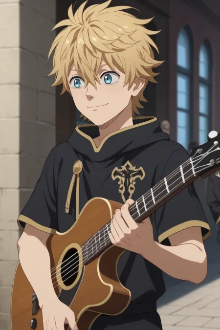 score_9, score_8_up, score_7_up, , rating_safe, , anime screencap, anime coloring, official style, , depth of field, 1boy, solo, male focus, <lora:luck_voltia_pony:0.84>, luck_voltia, blonde hair, blue eyes, short hair, hair between eyes, rule of thirds, town, suburbs, indoors, dark, holding instrument, laughing, , <lora:sdxl_lightning_8step_lora:1>