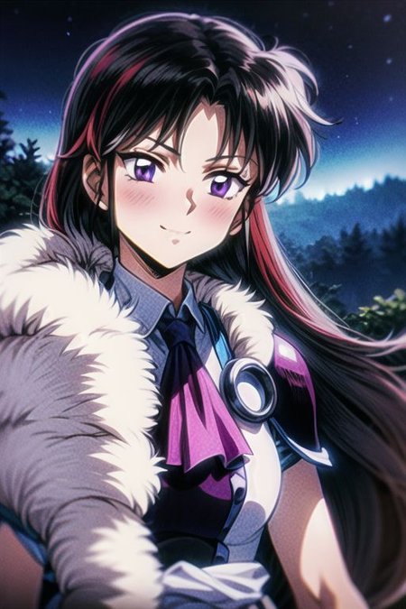 best quality 1girl Setsun4 solo long hair,  (night time) forest background black hair very long hair purple eyes multicolored hair armor, small, (fur trim) (medium body),<lora:EMS-179-EMS:0.800000>,<lora:EMS-293862-EMS:0.800000> bow, hair_bow, hair_tubes, red_bow, brown_hair, long_hair, bangs, ascot, frilled_bow, yellow_ascot, blush, smile, hair_between_eyes, athletic, armor, miko,  Smiling, happy,