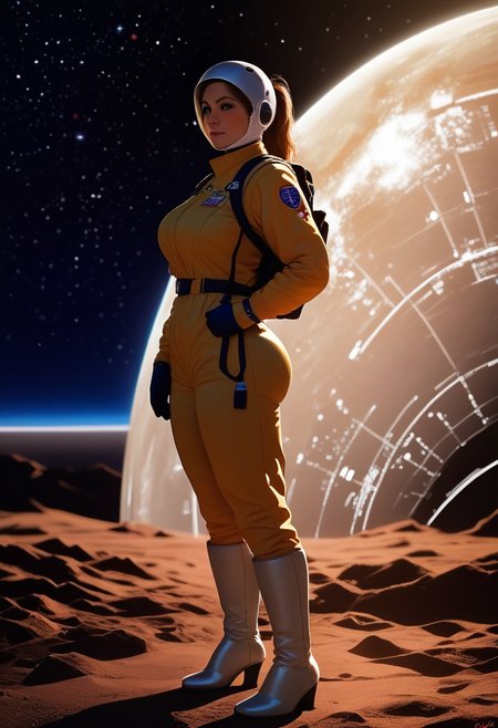 score_9, score_8_up, score_7_up,masterpiece, (high quality),(detailed background),highly detailed,ultra-detailed,source_anime,1girl, solo, standing, voluptuous, astronaut, shiny astronaut suit, confident expression, brown hair, ponytail, brown eyes, helmet, gloves, high-heeled boots, technology in background, floating in space, stars, galaxies, space debris, big ass,perfection,dim light, low light, dramatic light, partially covered in shadow, perfect body, nice body,depth of field, cinematic lighting, detailed clothes realistic,<lora:add-detail-xl:2>,Low-key lighting,<lora:hand 4:0.7>,<lora:curvature slider_last:8>,<lora:xl_more_art-full_v1:1>,<lora:Fant5yP0ny:0.8>