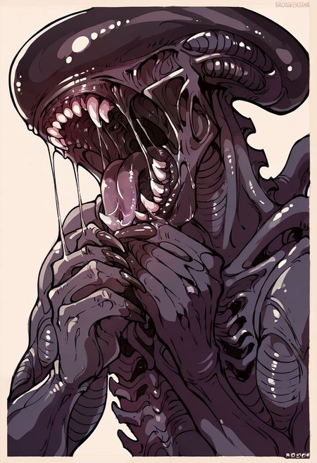 score_9, score_8_up, score_7_up, score_6_up, xenomorph l1ckp4p3r, solo, sharp teeth, drool, saliva, saliva string,