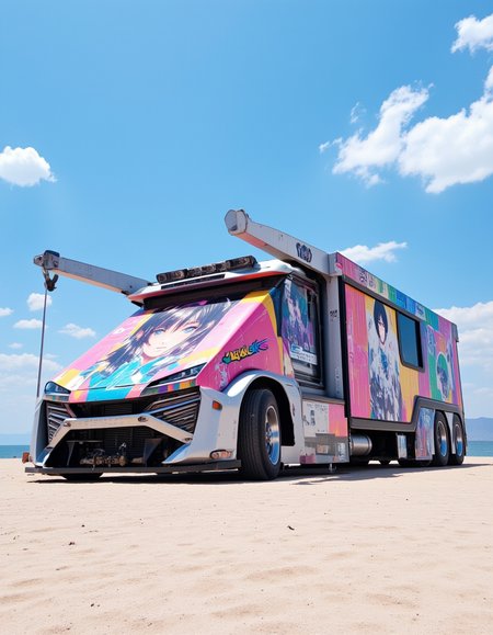 <lora:CWWalls1fluxb:1> wabkg, realistic world, photo. In a vast desert by the sea, on a cyberpunk futurist race truck with angular shapes, reflective surfaces, industrial aesthetic, there is a colorful paintings of a japanese animation woman portrait with a white cat. Day with blue sky and white clouds. From low angle. From side. Neons.