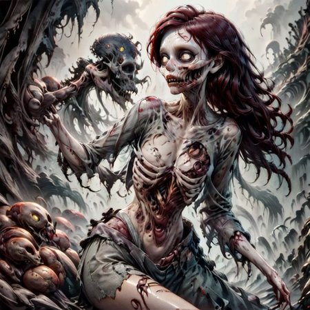 score_9, score_8_up, score_7_up, 8k, clean, clear details, no background, 1 girl, zkeleton, darktattoo, busty, cute, Ariel, ral-zmbyz, casual outfit, being bit by zombie, emerging from body, eat