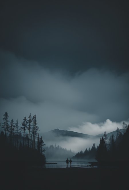 (A serene landscape of a sparkling lake, gentle clouds drifting in a bright blue sky, majestic mountain peaks emerging from the mist), vibrant colors, reflective water surface, tranquil atmosphere, high detail. highly detailed and hyper realistic photo, by Alena Aenami , by Archibald Thorburn , by Daniele Afferni , in the style of monochromatic silhouette reflection, limited dark palette, unusual dark colors, faded colors, atmospheric haze, highly dramatic cinematic lighting, motion blur, film grain, professional, excellent composition, finest details, maximized details, ultimate detail level, masterpiece, best quality