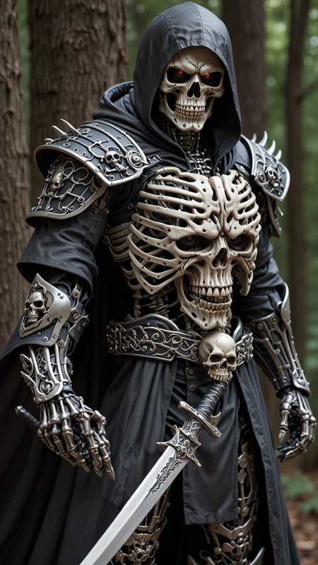 (masterpiece:1.2), best quality, high resolution, perfect lighting, extremely detailed, (Terminator assasin), battle scared white and black carbon armor, Wearing a dark cloak with hood, skull face just visable under hood, full_armor, humanoid, Metal Human skull head, (extreme detailed micro mechcanical scary Metal human skull design). Samurai sword shinning silver, Runes decorative embossments over his cloak, slim muscular body fast agile and stealthy,  <lora:Hired_Cyborg_Assasin_XL_-_By_DICE:0.4>