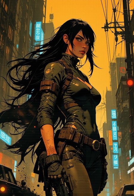 in the style of ck-mgs, nistyle, Inkplash art on rice paper, sepia, henna, Silhouette Art, magnificent, inksplash, closeup portrait, female bounty hunter, flowing black hair, futuristic armor, sexy, curvy, large breasts, large ass, a rifle strapped to her back, holstered pistol, Cyberpunk City, Neon Lights, 
Cowboy Shot, close up,