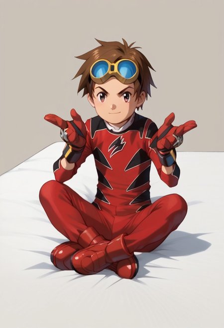 score_9, score_8_up, score_7_up, zPDXL2, 
1boy, solo, goggles on head, brown hair, 
,sitting on bed,
geki red, red bodysuit, black markings,   red gloves, red boots,