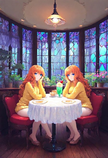 (absurdres, best quality, masterpiece:1.4), score_9, score_8_up, score_7_up, score_6_up, detailed, detailed body, detailed face, pixel, solo , sitting 
A woman sitting, shining blue eyes, fair white skin, wearing a snug yellow sweater that accentuates her curves. She poses with her hands resting comfortably on her hips, while her long, dark wavy hair cascades gracefully over her shoulders. The soft, smooth texture of the sweater contrasts with the sleekness of the environment, creating a vibrant and inviting atmosphere, big bubble butt 
Background indoors, window, chair, table, scenery, lamp, painting \(object\), stained glass,  sunlight, plant, couch, wooden floor, clock, potted plant, lamp, curtains, vase, flower pot,  flower, tree, cup, reflection, ceiling light, stool, shelf, tablecloth, creamsoda, ice cream, drink, glass, cherry, drinking straw