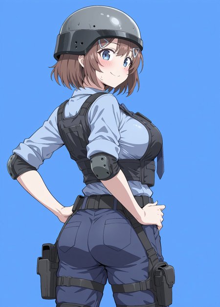 unholy-aesthetic, masterpiece, best quality, amazing quality, absurdres, 

1girl, solo, brown hair, hair ornament, large breasts, short hair, blue eyes, collarbone

bm_sg, helmet, blue shirt, collared shirt, necktie, blue necktie, black vest, bulletproof vest, blue pants, knee pads, holster, boots,

smile, standing, hands on the hips, cowboy shot, standing, blush, simple background, blue background, from behind, back view