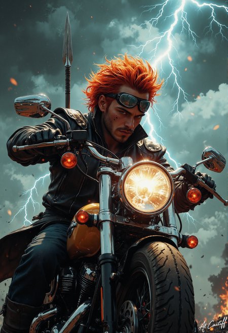 Against the fury of a crackling storm, a rogue warrior balances atop his roaring motorcycleâhis wild orange afro a fiery crown in the tempest, his leather jacket studded like armor catching the eerie blue-green flash of nearby lightning. One hand grips the handlebars with white-knuckled intensity, the other raises a silver spear skyward, its tip aimed at the heart of the storm as if daring the heavens to strike. His goggles, shoved atop his forehead, reveal eyes burning with primal defiance, lit from within like smoldering coals. The world around him is chaos: jagged bolts of lightning tear through the bruised sky, painting his silhouette in stark, flickering relief against the darkness. This is no retreatâitâs a charge. And the storm isnât his enemy. Itâs his weapon., fg<lora:Flux/Stylized-Super-Texture.safetensors:0.5000000000000001:0.5000000000000001> <lora:Flux/It's a LoRA for portraits, BUT! actually specialized in backgrounds. v1.0.safetensors:0.25000000000000006:0.25000000000000006> <lora:CustomFlux/MysticRealism.safetensors:0.7500000000000001:0.7500000000000001>