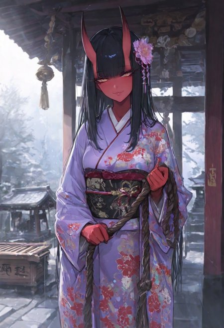 masterpiece, best quality, Good quality, very aesthetic, absurdres, newest,1girl, light rays, looking at viewer, solo, 
Cinematic Lighting, gradient color,
BREAK
masterpiece, amazing quality, best quality, ultra-detailed, 8K, illustration, CG, ultra-detailed-eyes, detailed background, eyelashes, looking seductive, coy. dynamic action image, detailed face, detailed eyes, direct mesmerizing gaze, cozy style, shiny skin,
BREAK
flirting:2.0, (sexy, slutty, hot, aroused), (lustful atmosphere), lips, makeup, long eyelashes, eyelashes, 
Aka-Oni, oni, colored skin, red skin, straight horns, long hair, 
BREAK
hrine bell, japanese clothes, kimono, hair flower, print kimono, furisode, rope, outdoors, shrine, standing, new year, shimenawa, hatsumoude, donation box, holding rope,