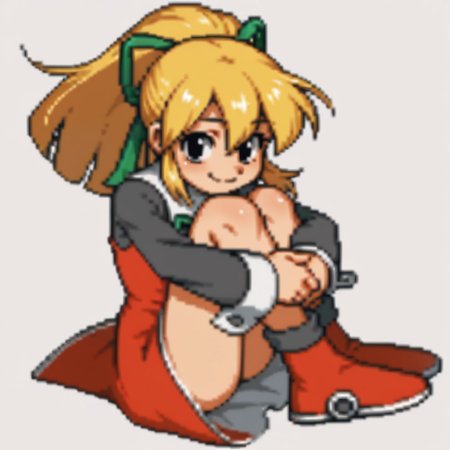 score_9, score_8_up, score_7_up BREAK RollMvC, 1girl, blonde hair, ponytail, black eyes, green ribbon, white collar with black buttons, red dress, long gray sleeves, white cuffs, red white boots, hugging legs, smiling at viewer,