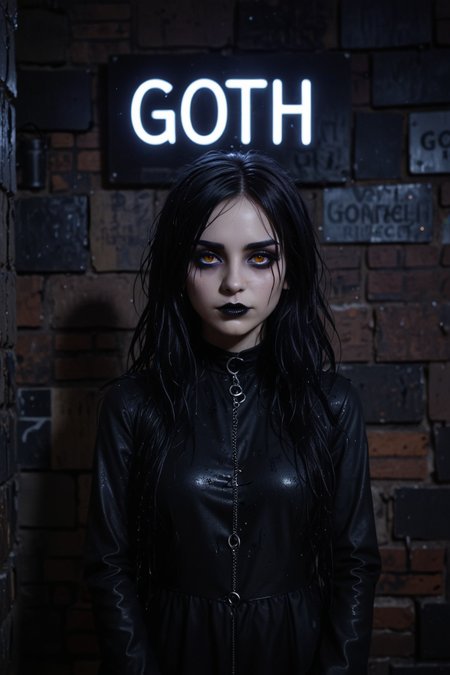 <lora:Flux-style-xl-lora:0.3> flux-style, (black neon sign on the wall saying ""Goth"":1.5), A detailed analog photograph of a Goth woman, standing in a dark alley at night, raining, wet hair, streaked black mascara under eyes