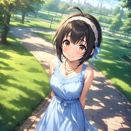 (masterpiece),(best quality),(ultra-detailed),(best illustration),(best shadow),(absurdres),(detailed background),(very aesthetic),  miho kohinata, 1girl, solo, ahoge, black hair, short hair, smile, brown eyes, jewelry, hairband, dress, necklace, park background, looking at viewer, arms behind back, blue dress<lora:Miho_Kohinata:1>
