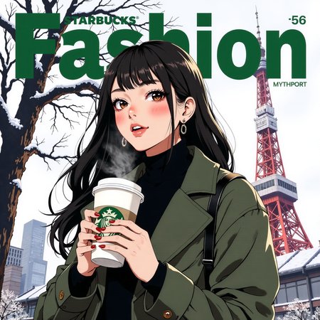 anime_martz, magazine_style, mythp0rt, magazine_cover, fashion cover for starbucks,  A stylish urban woman, dressed impeccably in winter fashion, stands under the iconic Tokyo Tower on a crisp winter day. She cradles a steaming cup of Starbucks coffee, the Starbucks logo prominently displayed on the cupâs sleeve. Her expression radiates happiness and warmth, her smile soft and carefree as she enjoys the moment. The backdrop of Tokyo Tower, dusted with winterâs chill, adds a touch of urban sophistication to the scene. The overall vibe is cozy yet fashionable, with the cold season juxtaposed against the warmth of her drink and the chic city setting. The Starbucks logo and brand name take center stage as the magazineâs title, integrating seamlessly with the fashionable design of the cover, emphasizing the connection between style, urban living, and the comforting indulgence of a hot coffee<lora:anime_martz:0.9> <lora:magazine_cover2_flux:0.6> <lora:FluxMythP0rtr4itStyle:0.4> <lora:Halftone_Flux:0.3>