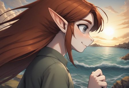 Lapanya, 1 person, solo, snapshot, pointy ears, ((snout nose)), flat chest, light skin, freckles, tall, ((gray eyes, gray irises)):1.2, ((smiling, friendly expression)), auburn hair, long hair, several strands of hair sticking straight up, back-length hair, average build, small nostrils, ((3 fingers 1 thumb)), baggy long-sleeve green tunic, ((blue breeches))
Falling from the sky, hair blowing in wind, falling down, falling headfirst, nosedive, midair, falling towards the ocean, wide eyes, wild expression
Clouds above, ocean below
clean lines, up close, upper body focus, highly detailed face, high quality, best quality,  score: 9, score: 8 up, rating: safe