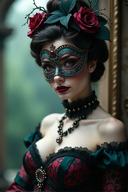 nobless with venetian mask, rococo, big breasts, hyperdetailed, bokeh, carnveal scenery, monochrome masterwork, glimpses of teal and pink, soft but rim light, mysteriousâââ