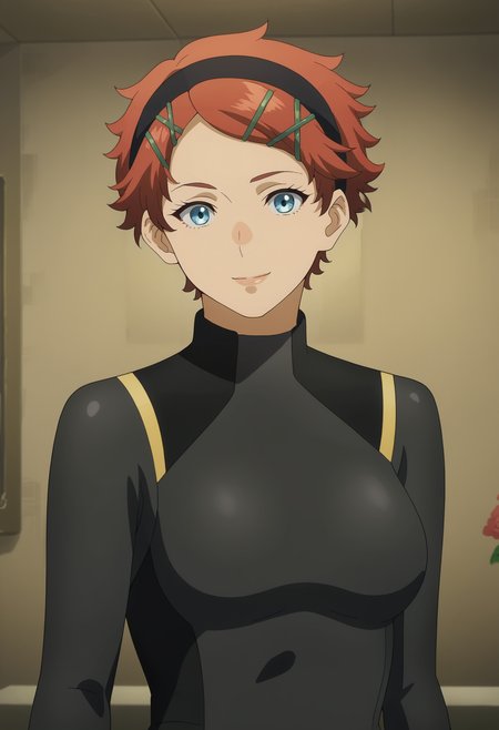 <lora:Prospera_Mercury-pre_timeskip-Suisei_no_Majo:0.85>,prospera,1girl,solo,red hair,short hair,blue eyes,hairband,hair ornament,breasts,
bodysuit, upper body, looking at viewer, smile,indoors