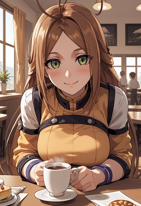 score_4,score_5,score_6,score_7_up,score_8_up,score_9 ((masterpiece,best quality,ultra detailed,highres,HD,4k:1.2)), 
1 boy, solo,solo focus,girl focus,face focus,
(Normal), very long hair,brown hair,antenna hair,green eyes,large breast,
indoor, cafe, pov date, across table pov, across table, Coffee on the table,sitting, 
looking at viewer,blush,happy,light smile,