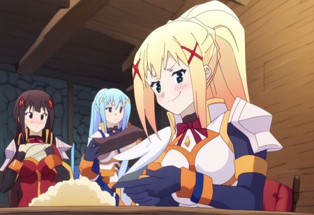 anime artwork Masterpiece, high quality, score_9, score_8_up, score_7_up, (ultra realistic, 32k, masterpiece:1.2), (high detailed skin:1.1), (high quality:1.1),(((3girls))), ((sitting around one table, indoors)), japanese room, table, dim lighting, looking at another,  
BREAK
 smile face, holding whipp, looking to the side, <lora:lalatina-dustiness-ford-s2-ponyxl-lora-nochekaiser:0.8>darkness \(konosuba\), long hair, green eyes, blonde hair, hair ornament, ponytail, braid, x hair ornament,gloves, armor, bodysuit, shoulder armor, armored dress,
BREAK serious, sad, holding book, 
<lora:konosuba-megumin-s2-ponyxl-lora-nochekaiser:0.8>
megumin, short hair, black hair, red eyes, short hair with long locks,
BREAK  smug, holding beer, looking to the side,  <lora:Aqua_Pony-10:1> Aqua_(Konosuba), blue eyes, blue footwear, blue hair, blue thighhighs, blush, boots, breasts, bubble, detached sleeves, hair ornament, hair rings, leg up, long hair,  medium breasts, open hand, single hair ring, skirt, holding a beer, beer, sitting on chair,pant less,