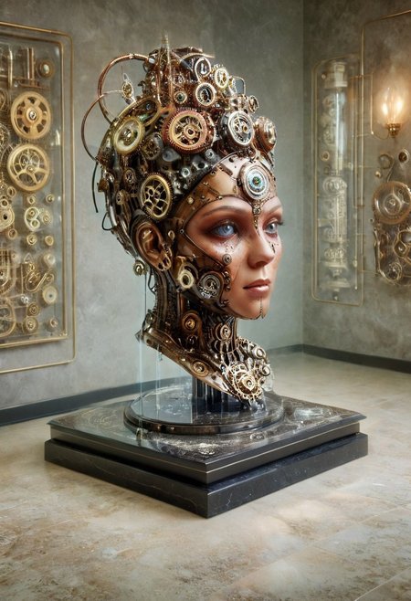 clockwork wind up head, made from gears and pistons and pullies, wind up clockwork key on the side, on a marble desk in a museum, in a display stand, female upper half body, Dramatic lighting. 
cinematic masterpiece, 
OverallDetail, SteamPunk