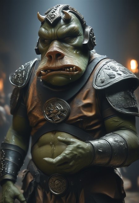 score_9, score_8_up, score_7_up, score_6_up, photo,  photorealism, 1boy, Gammorean Guard, Dark green skin, armor, skin texture, moist skin, pores, saliva, dynamic lighting, detailed shadows, adobe palace, fat, dim light