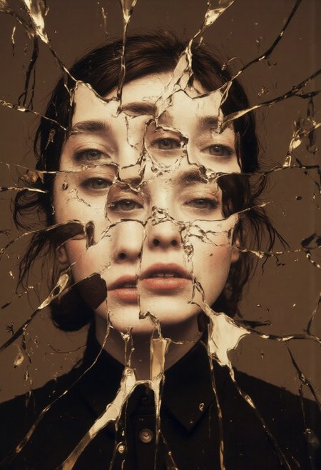 CynthiaPortrait, experimental portrait photography broken mirror portrait, head made of a collage of different facial features of different persons. face made of fractured rusty metal, intricate, chromatic background, calm and introspective, nostalgic wonder, retro-cute charm
