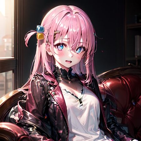 gotoh hitori, 1girl, solo, long hair, smile, open mouth, blue eyes, bangs, sidelocks, simple background, white background, hair between eyes, upper body, pink hair,one side up, cube hair ornament, camisole, on couch, sitting, short shorts, dolphin shorts, large breasts, good hands, best hands