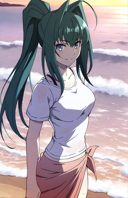 AkariAcura, 1girl, solo, long hair, green hair, ponytail, blue eyes, white t-shirt, sarong, sweat, beach, sea, standing in sea, looking at viewer, smile
