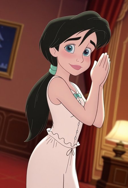 (screencap, official style:1.2), blurry background,
1girl, small breasts, (MelodyXL:1.1), black hair, blue eyes, ponytail, sleeveless, shirt, pants, makeup, white pajamas, 
shy, light smile, dutch angle, own hands together, hands up, cute pose, looking at viewer, indoors, mansion, dynamic pose, cowboy shot, night, warm light, lamp,
<lora:Melody_character-12:1>