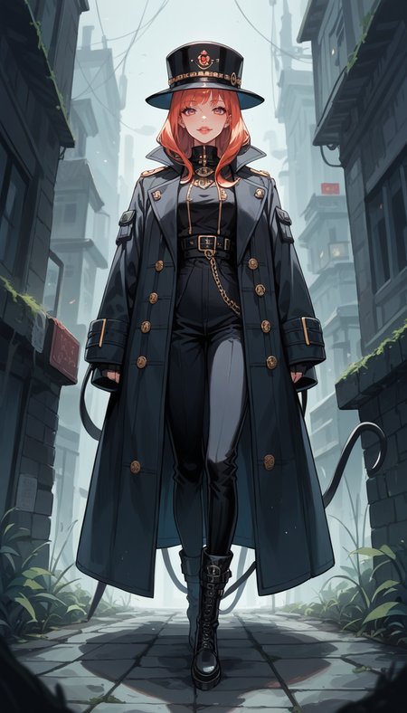 score_9, score_8_up, score_7_up, Anime Style, Full Body Shot, A shadowy human figure, cute, seductive, innocent, light smile:0.3, plump lips, slender body, in a long coat and hat, black boots, intense fog background, depth of field, dynamic angle, fashion photography, sharp, hyperdetailed:1.15