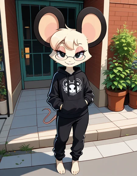 masterpiece, best quality, very aesthetic, absurdres,
outdoors, streetwear, 
barefoot, full body, standing, posing, 
 seductive smile, parted lips, long eyelashes,
 <lora:Tamy_v01_NAIXL:1>
T4my,1girl,solo,furry,furry female,mouse girl,short hair,mouse ears,black eyes,glasses,animal nose,body fur,white fur,mouse tail,