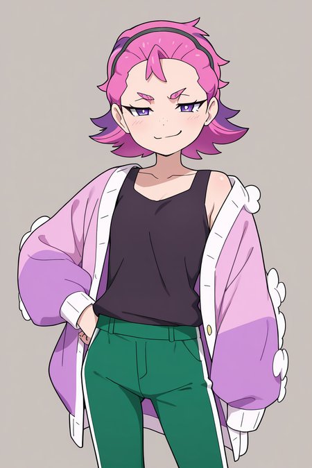 masterpiece, best quality, 1girl, solo,bbDotPKMN, 1girl, purple eyes, bright pupils, hairband, pink hair, short hair, black shirt, long sleeves, jacket, open clothes, green pants,   <lora:DotPokemonIXL_v1:1.0>, cowboy shot, hand on hip, smug, smile, looking at viewer, shiny skin,