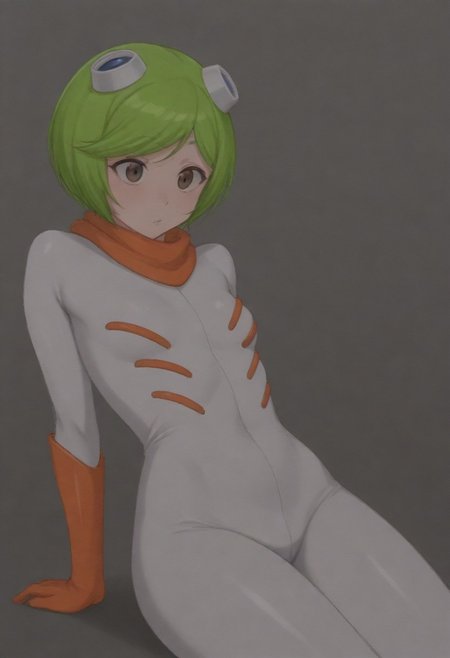 masterpiece, best quality, amazing quality,,, shiny skin,,,,,<lora:kunamashiro-illu-nvwls-v1:1> knmshir, green hair, short hair, brown eyes, , blue goggles on head, orange scarf, white bodysuit, orange gloves,