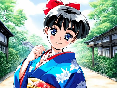 score_9, score_8_up, score_7_up, source_anime, rating_explicit, BREAK <lora:Shinohara_Izumi_XL:1>Shinohara_Izumi, black hair, blue eyes, short hair, bangs, small breasts, 
1girl, japanese clothes, solo, kimono, outdoors, looking at viewer, floral print, sash, obi, smile, day, 
hair bow, red bow