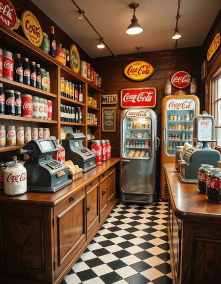 A vintage 1950s grocery store filled with nostalgic details. Wooden shelves neatly stocked with classic canned goods, glass soda bottles, and colorful retro packaging. An old-fashioned cash register sits on the wooden counter, next to a small scale for weighing produce. The checkered black-and-white tile floor adds to the mid-century charm, while hand-painted signs on the walls advertise milk, bread, and coffee in bold, retro fonts. A display of penny candy in glass jars sits near the entrance, and a vintage Coca-Cola refrigerator hums in the background. Soft, warm lighting casts a nostalgic glow over the scene, enhancing the rich textures of wood, glass, and metal, capturing the essence of a bygone era.
<lora:SDXLFaeTastic2400:0.4> <lora:extremely_detailed:0.4> extremely detailed
,1950s grocery st0r3, <lora:1950s_grocery_st0r3-i:1>, Masterpiece,best quality,hi res,8k,hi res,8k,award winning,(sharp focus, intricate, highly detailed),