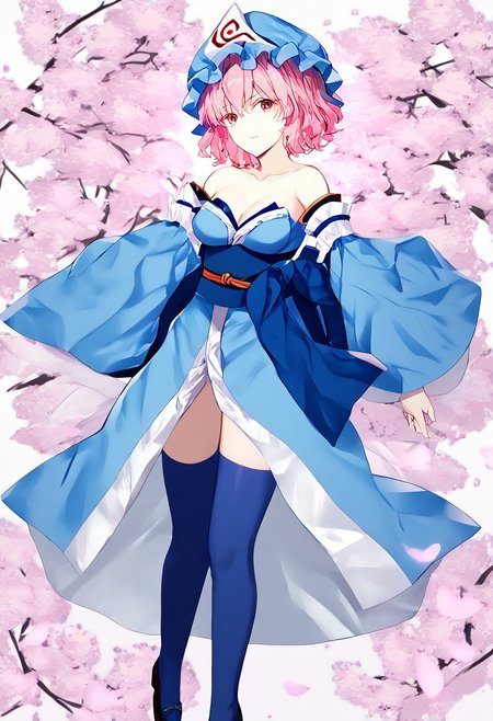 score_9, score_8_up, score_7_up, score_6_up, score_5_up, score_4_up, source_anime, 1girl, 
tamamonomaecosplay, tamamo no mae \(cosplay\), bare shoulders, blue kimono, blue thighhighs, detached sleeves, japanese clothes, kimono, obi, sash, collarbone, thighhighs, wide sleeves, 
yuyuko, saigyouji_yuyuko, mob_cap, triangular_headpiece, blue_hat, 
masterpiece, best quality, very aesthetic, absurdres,