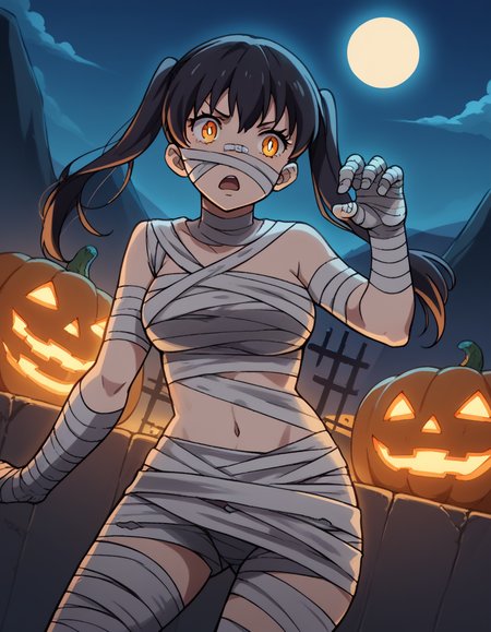score_9, score_8_up, score_7_up, source_anime, <lora:tamaki-kotatsu-s1s2-ponyxl-lora-nochekaiser:1>, tamaki kotatsu, long hair, bangs, black hair, twintails, medium breasts, yellow eyes, orange eyes,, <lora:mummy-costume-ponyxl-lora-nochekaiser:1>, mummy costume, bandages, halloween costume, bandaged arm, zombie pose, bandage on face,, desert, moon, night, open mouth, , dutch angle, cowboy shot