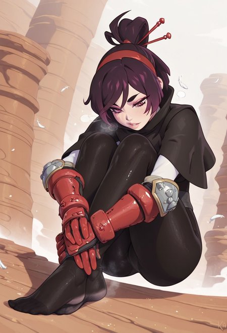 kajinman,  outdoors, undershirt, falling feathers, black bodysuit, hair stick, hugging own legs, , gauntlets,   eyeshadow,   red gloves,  high ponytail,  , black capelet, red hairband, pink eyes, 1girl, solo, feet, visible breath,   dynamic angle, foreshortening, smell, steam,