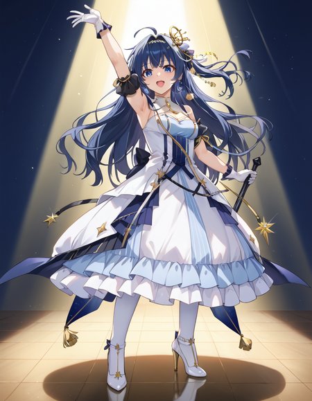 Volumetric Lighting, (masterpiece), (best quality), (ultra-detailed), masterpiece, source_anime, score_9, score_8_up, score_7_up BREAK, light depth, dramatic atmospheric lighting, Volumetric Lighting, Astesia, long hair, blue hair, blue eyes BREAK, Asteidl. idl dress, idl hair ornament, idl detached sleeves, idl thighhighs, dil gloves,idl high heels BREAK, stage,spotlight, show, idol show,standing,holding mic,arm up, open mouth