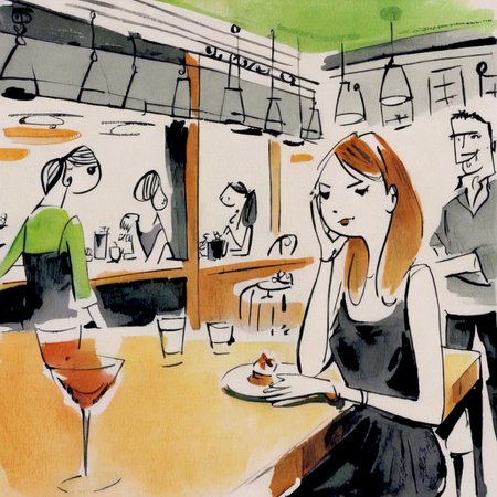 drawix23  girl in a cafe in the background people at tables and a colorful bar,  very detailed<lora:drawix23:1>