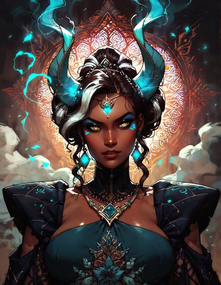 score_9, score_8_up, score_7_up, score_6_up, score_5_up, score_4_up,  A regal (queen:1.4) with (Indian heritage:1.3), large breasts, smirk, her (brown skin:1.3) glowing with a soft radiance, sits majestically. She has (gold eyes:1.3) that shimmer with wisdom and power, and her (ivory brown skin:1.4) adds to her ethereal beauty. Her (black hair:1.3) is striking, accented with (white highlights:1.2) that give it a unique and distinguished look.  Adorning her head are (turquoise glowing horns:1.3) that spiral gracefully, merging seamlessly with her (ram horns:1.3), creating an awe-inspiring and mystical appearance. Her attire is opulent, with (intricate gold jewelry:1.2) and (traditional Indian garments:1.2) that complement her royal presence.  The background is a lavish (palace setting:1.2), rich with (detailed carvings:1.1) and (luxurious decor:1.2), enhancing the queen's majestic aura and the (mystical glow:1.2) of her horns, symbolizing her power and grace.