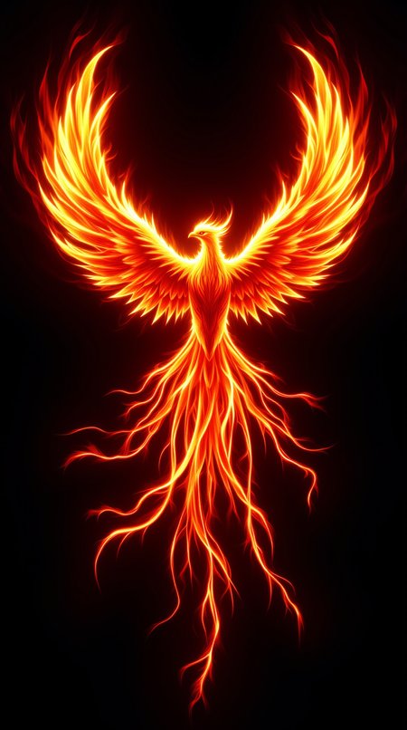 A majestic phoenix soaring against a dark backdrop, its radiant wings ablaze with vibrant flames of red, orange, and yellow. The fiery bird’s body glows with ethereal light, with intricate flame patterns trailing beneath it like ribbons. The scene captures the essence of rebirth and power, exuding both elegance and raw energy."