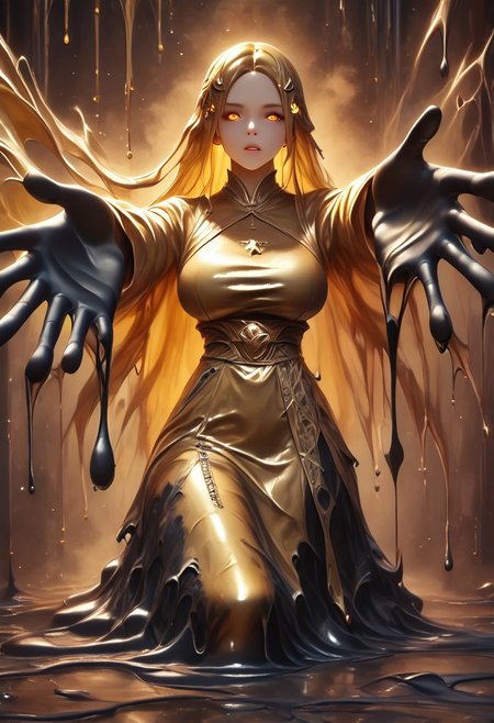 score_9, score_8_up, score_9_up, score_7_up, high quality, masterpiece, highly detailed, 1 girl, (((black slime girl))), large breasts, girl see through body. DonM5h4d0wM317XL, golden kimono dress, golden hair ornament, long hair, glowing golden eyes, reaching out to viewer, dark forest background