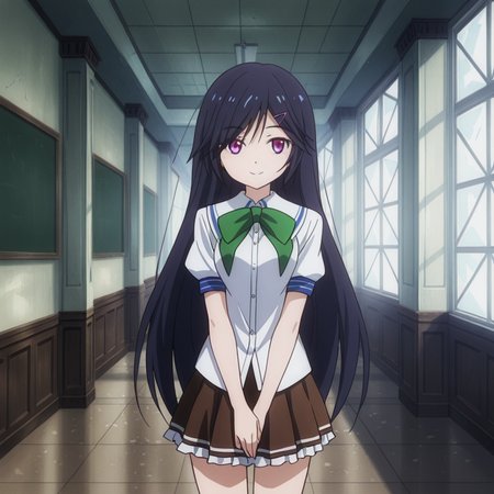 nsfw, masterpiece, best quality, 1girl, solo, magical_warfare_mui_aiba, standing, long hair, school uniform, black hair, smile, hair ornament, hairclip, purple eyes, very long hair,  skirt, school, class, classmate, <lora:Mui_Aiba_-_Magical_Warfare:0.7>